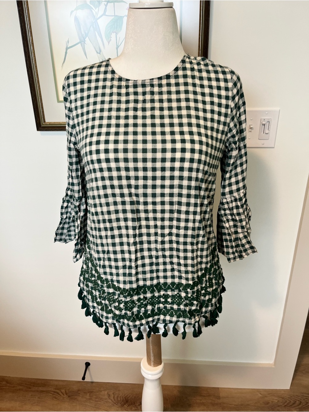 JODIFL Green & White Gingham Tassel Hem Blouse